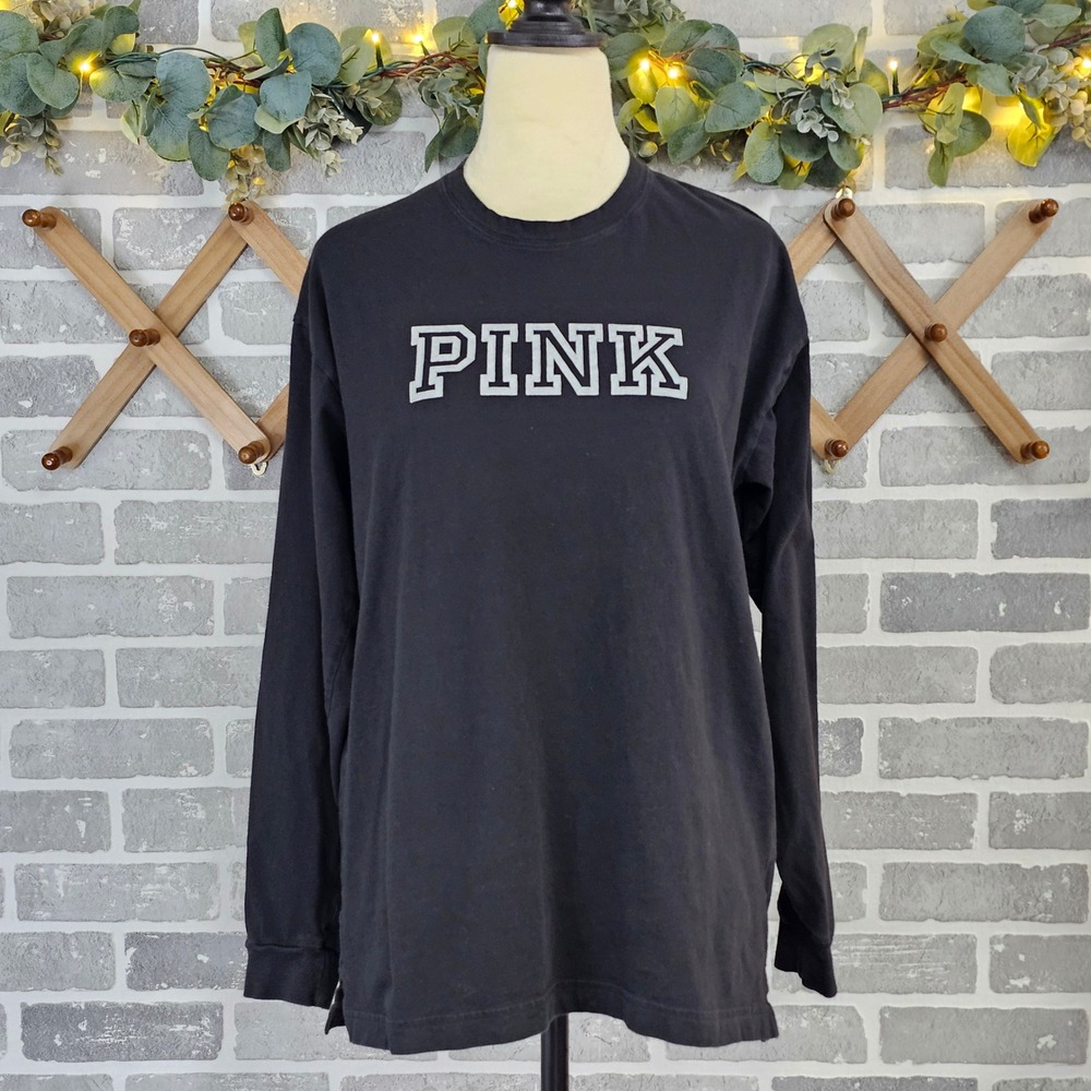 Victoria's Secret PINK Long Sleeve Campus Crewneck Tee Black Logo Small